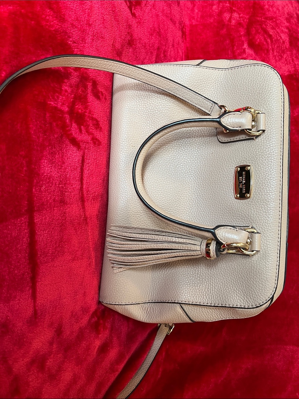 Michael Kors Cream Pebbled Leather Satchel with Tassel and Gold Hardware
